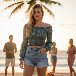 Cropped Top Stretchy Bodice Ruffle Sleeves